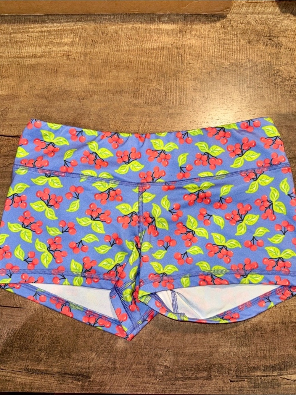 FLEO Cherry Print Booty Shorts Medium Blue Red Athletic CrossFit - Picture 2 of 4